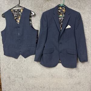 Gianni Feraud Suit 38 Blue Tweed 2 Piece Blazer Vest Coin Lining Formal Y2K Prom